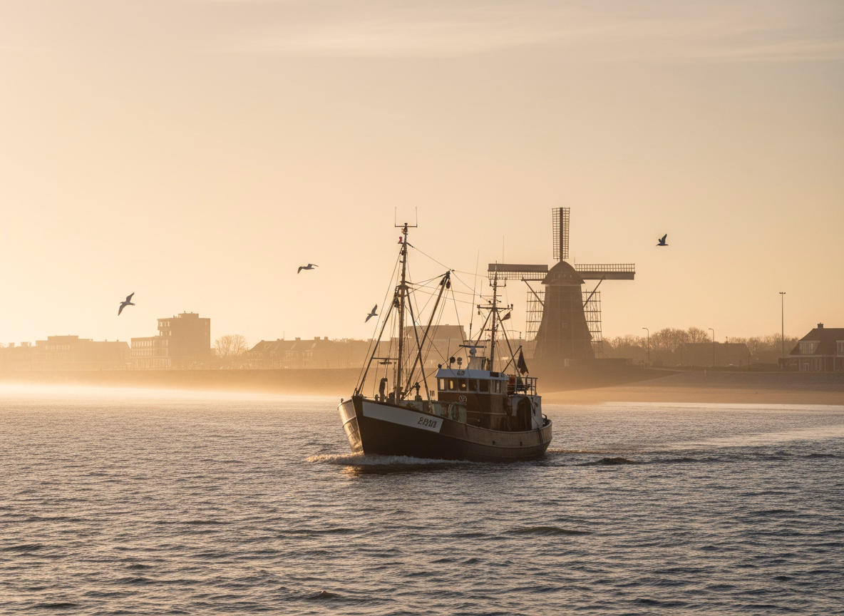 Illustratie van een vissersboot voor de kust van Vlissingen
